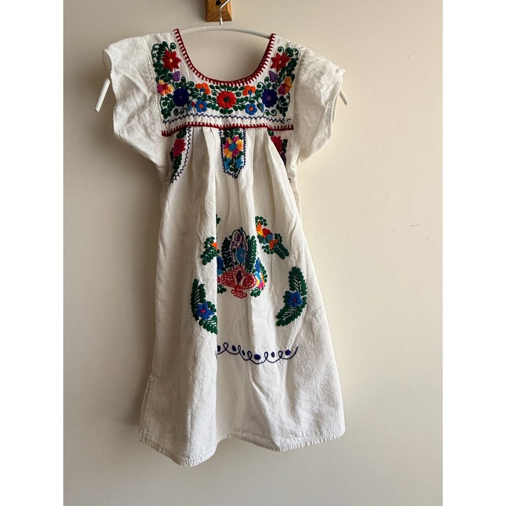 Children's Pueblo dress 4T/5T - cream linen + multicolored hand embroidered